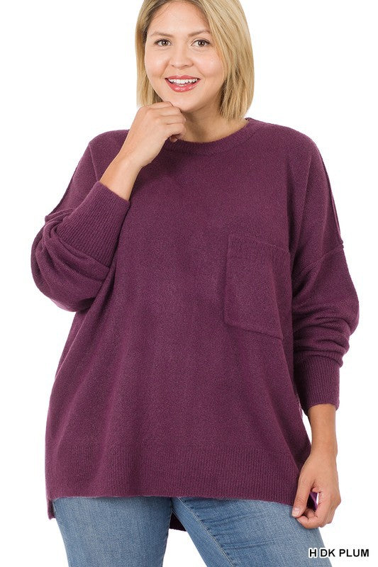 PLUS MELANGE HI-LOW HEM POCKET SWEATER