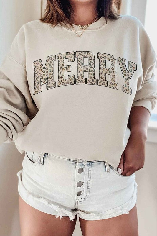 LEOPARD MERRY CHRISTMAS GRAPHIC SWEATSHIRT-Drop Ship