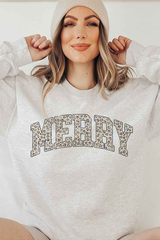 LEOPARD MERRY CHRISTMAS GRAPHIC SWEATSHIRT-Drop Ship