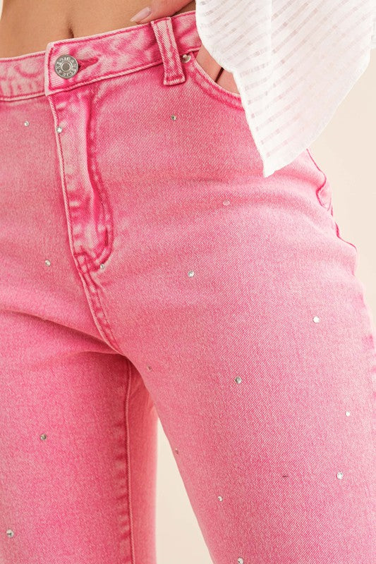 Studded Rhinestone Distressed Denim Jeans-Drop Ship