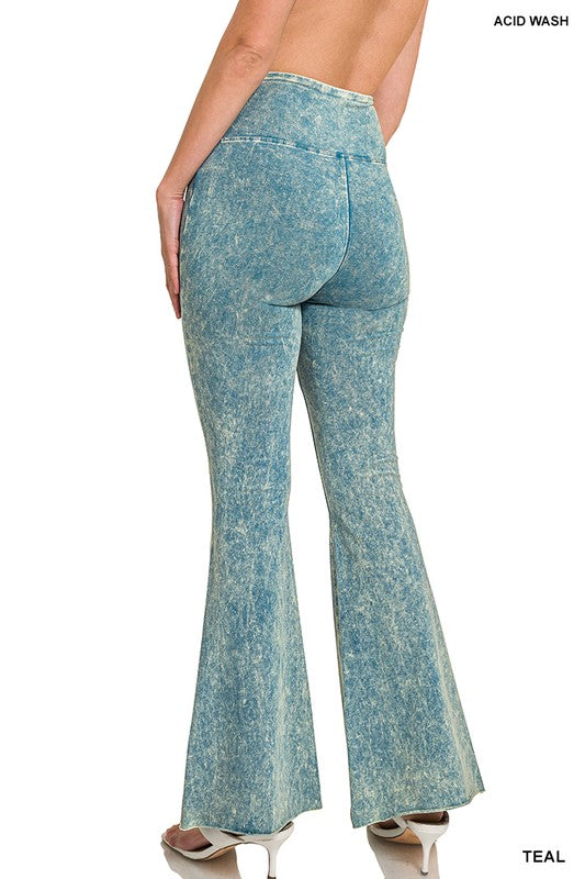 ACID WASH HIGH WAIST RAW EDGE HEM PANTS