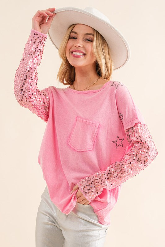 Star Printed Shoulder Sequin SLV Top-Drop Ship