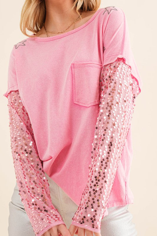 Star Printed Shoulder Sequin SLV Top-Drop Ship