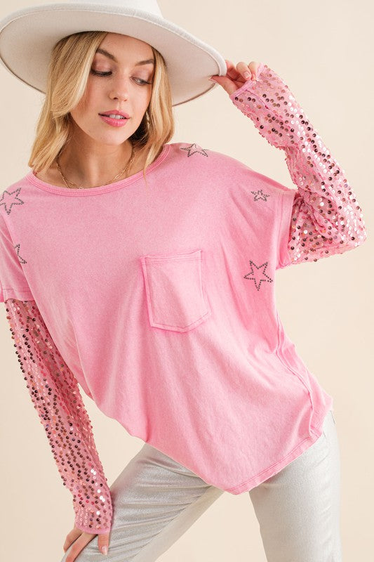 Star Printed Shoulder Sequin SLV Top-Drop Ship