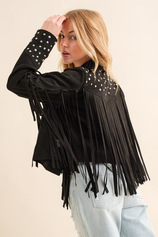 Studded Fringe Open Western Jacket-Drop Ship