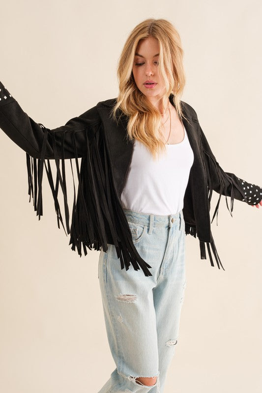 Studded Fringe Open Western Jacket-Drop Ship