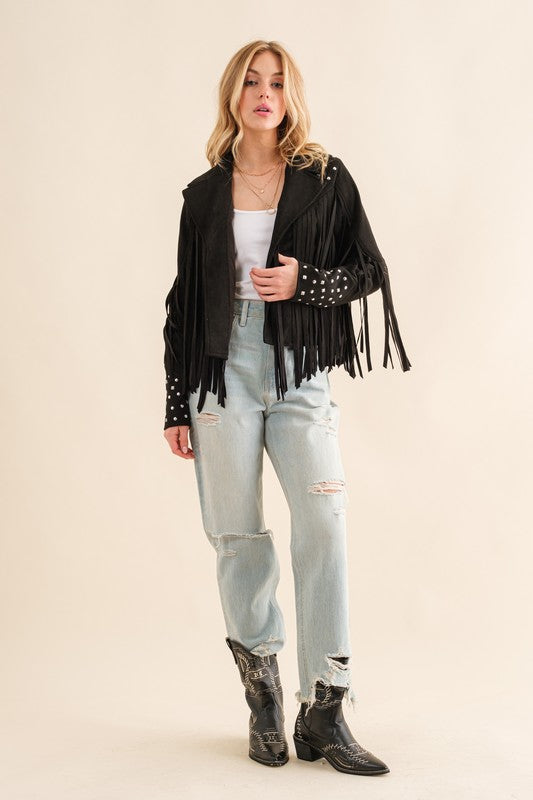 Studded Fringe Open Western Jacket-Drop Ship