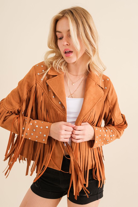 Studded Fringe Open Western Jacket-Drop Ship