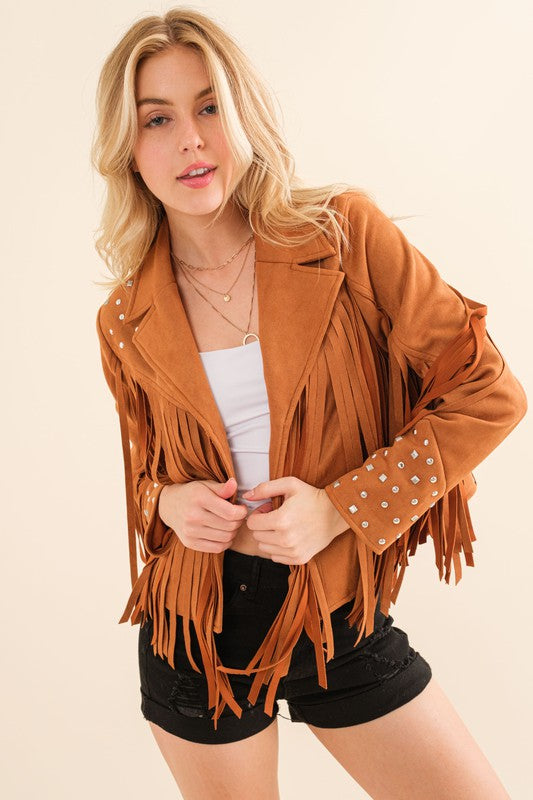 Studded Fringe Open Western Jacket-Drop Ship