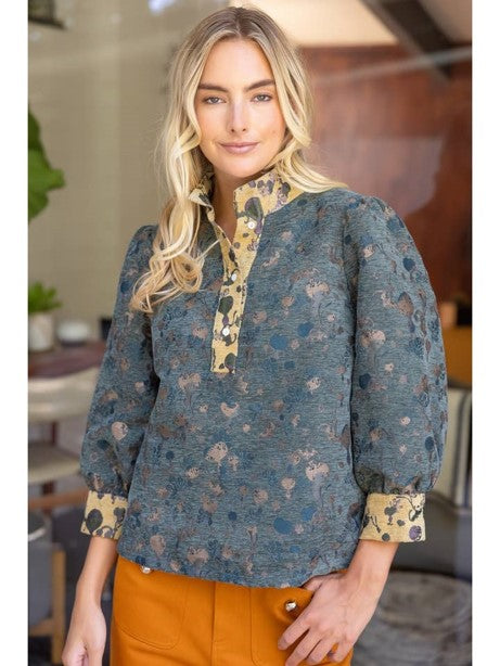 Quarter Button Color Contrast Floral Jacqaurd Top