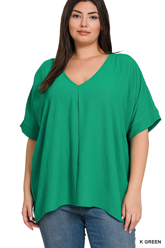 Plus Woven Airflow V-neck Dolman Short Sleeve Top