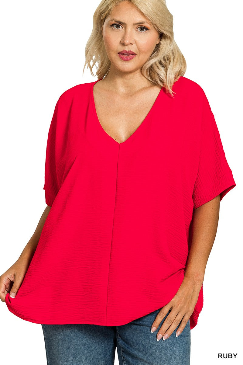 PLUS WOVEN AIRFLOW V-NECK DOLMAN SHORT SLEEVE TOP