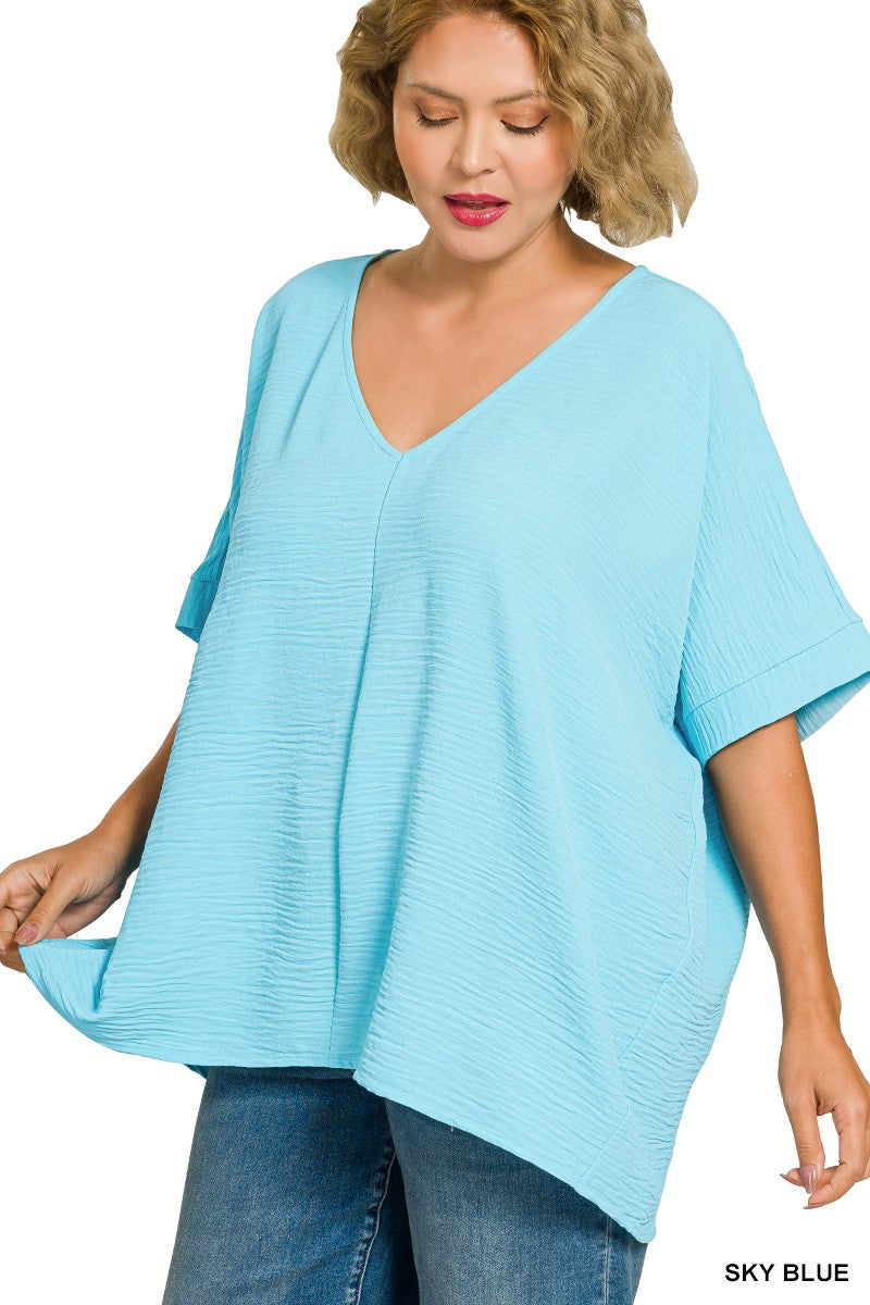 Plus Woven Airflow V-neck Dolman Short Sleeve Top