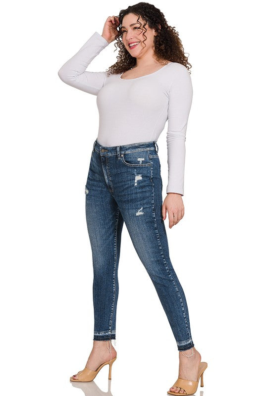 PLUS HIGH RISE CROPPED SKINNY DENIM PANTS-Drop Ship