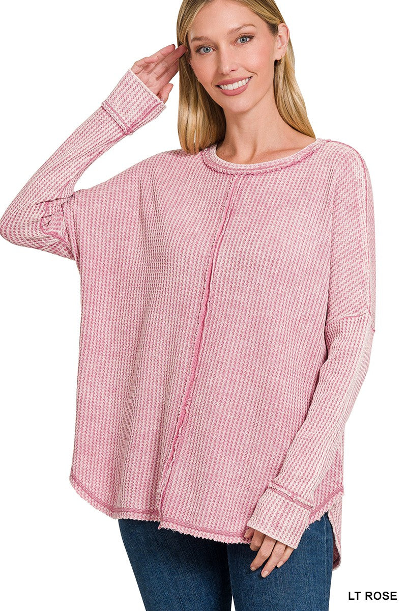 WASHED BABY WAFFLE OVERSIZED LONG SLEEVE TOP