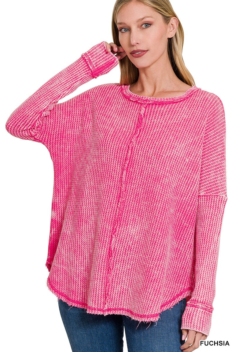 WASHED BABY WAFFLE OVERSIZED LONG SLEEVE TOP