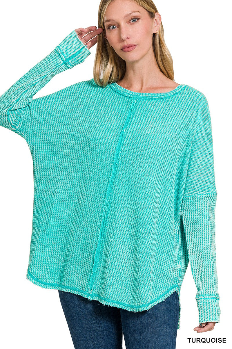 WASHED BABY WAFFLE OVERSIZED LONG SLEEVE TOP