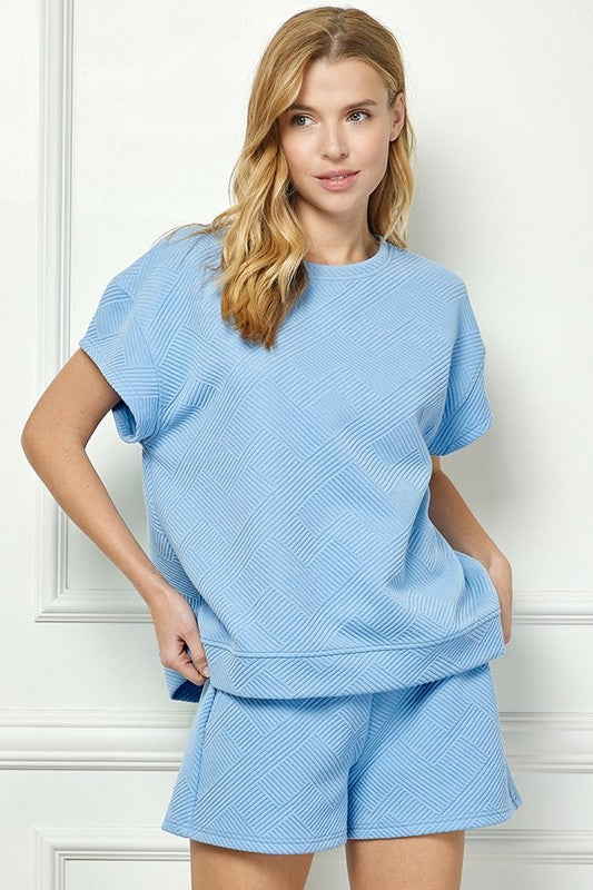 Textured Short Sleeve Sweatshirts Lounge Wear Top and Bottom