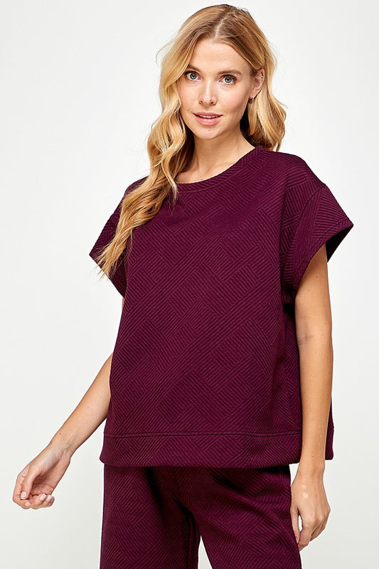 Textured Short Sleeve Sweatshirts Lounge Wear Top and Bottom