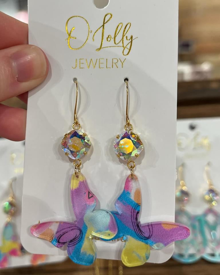 O’Lolly “Flutter” Earring -AB Stone w/Multicolored Butterfly Acrylic Dangle