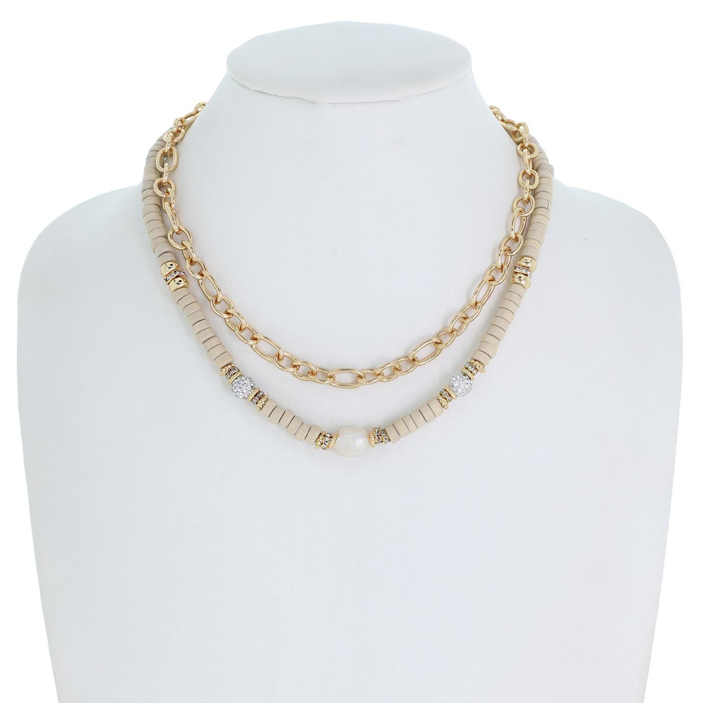 2-ROW MULTI STRAND DISC BEADED CHAIN NECKLACE