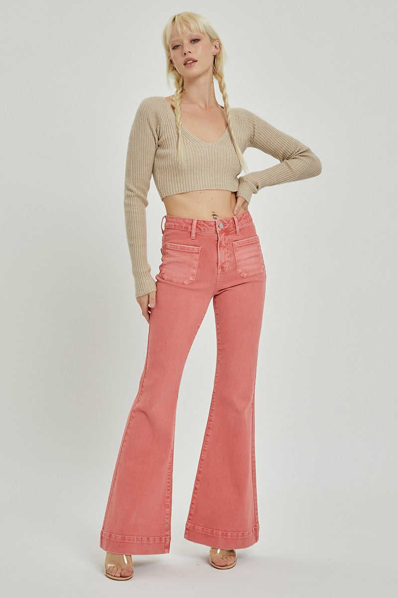 HIGH RISE FRONT PATCH POCKET BELL BOTTOM PANTS