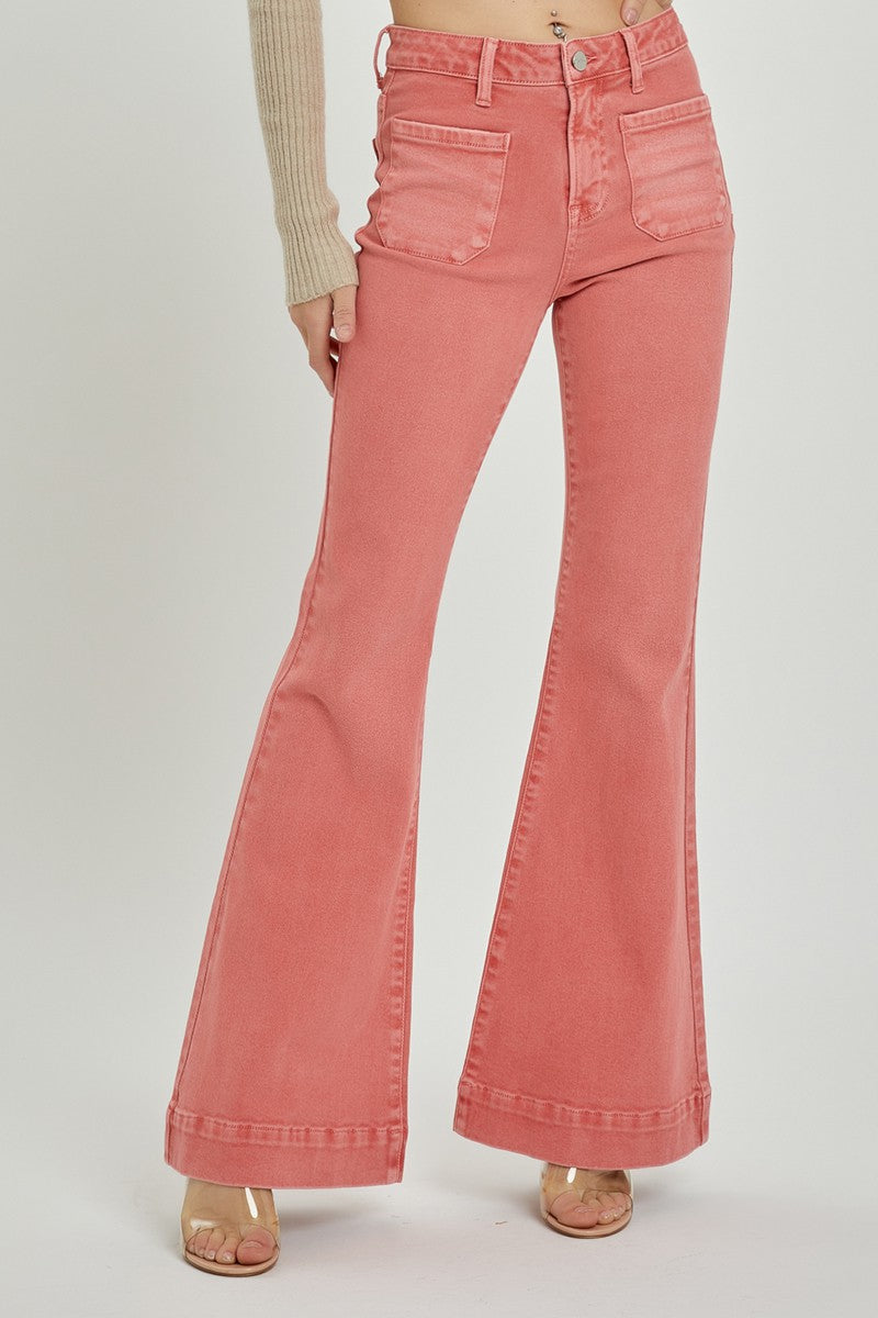 HIGH RISE FRONT PATCH POCKET BELL BOTTOM PANTS