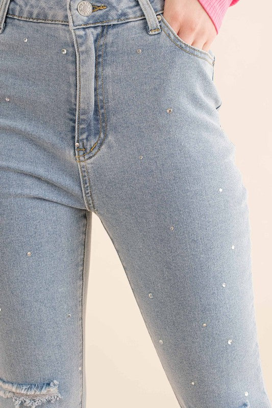 Studded Rhinestone Distressed Denim Jeans-Drop Ship