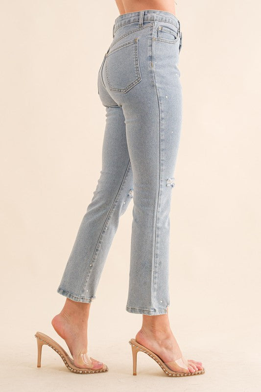 Studded Rhinestone Distressed Denim Jeans-Drop Ship