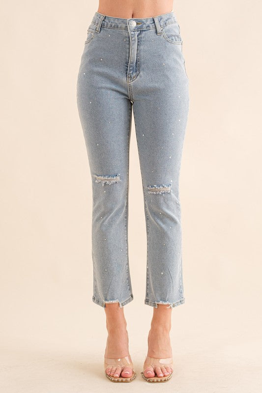 Studded Rhinestone Distressed Denim Jeans-Drop Ship