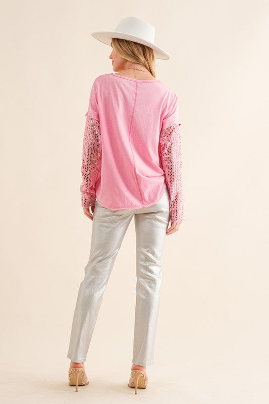 Star Printed Shoulder Sequin SLV Top-Drop Ship