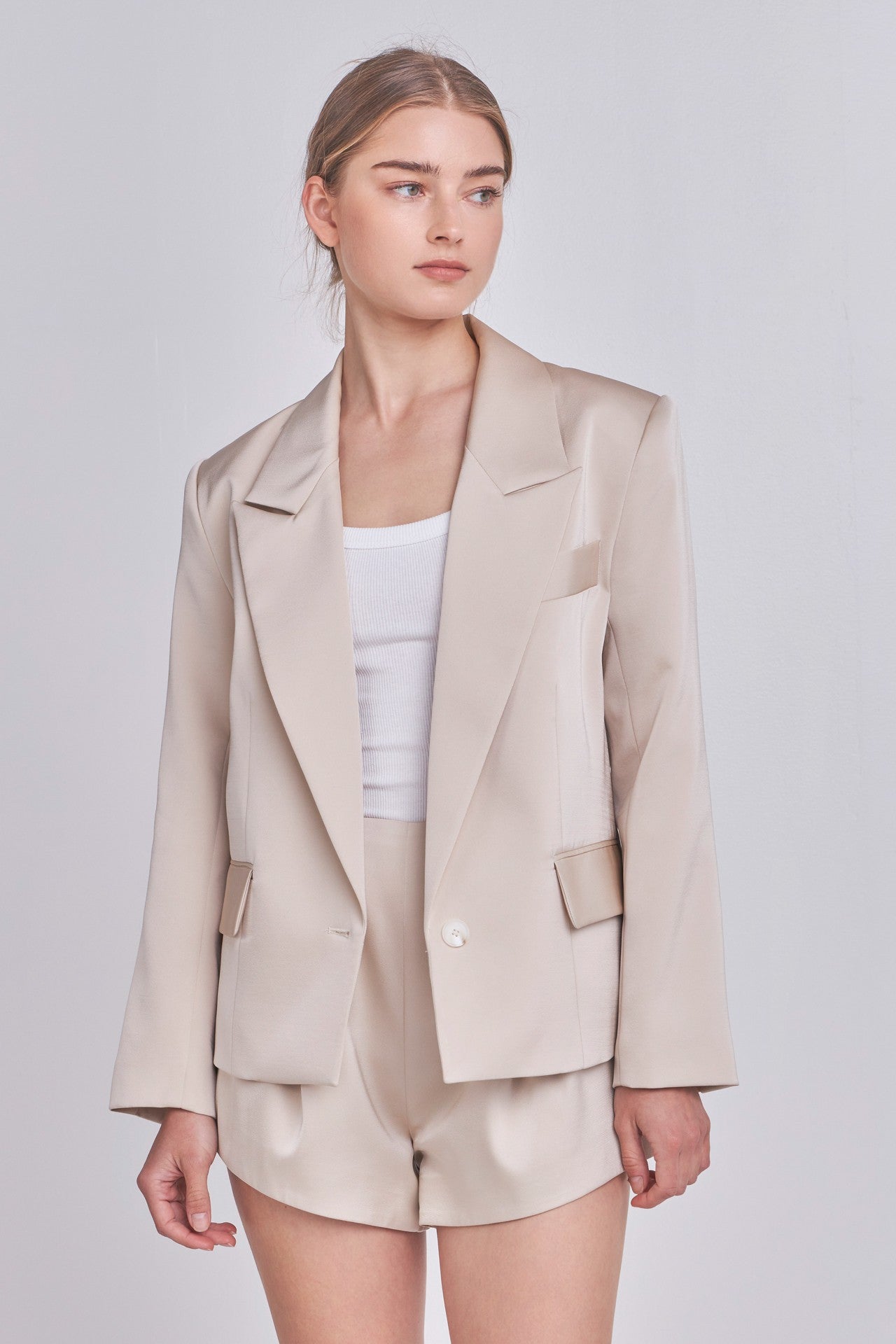 BEIGE ONE BUTTON SATIN BLAZER