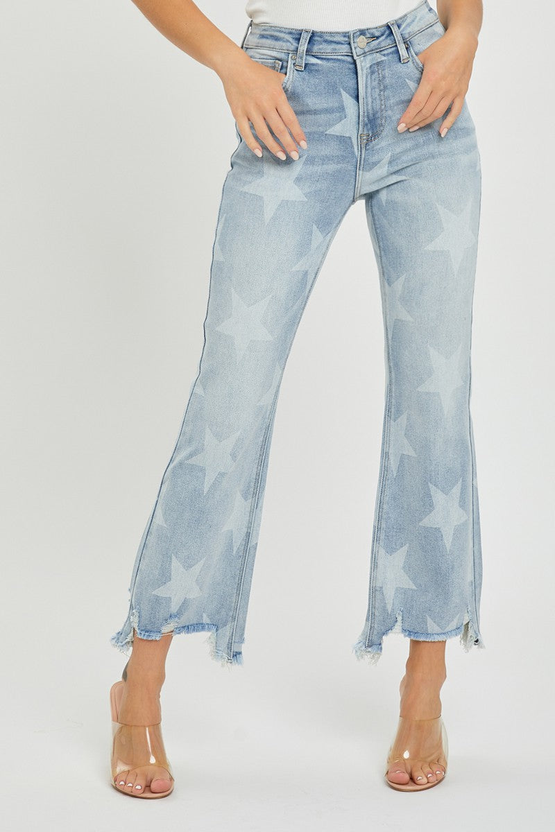 HIGH RISE STAR PRINTED STRAIGHT JEANS