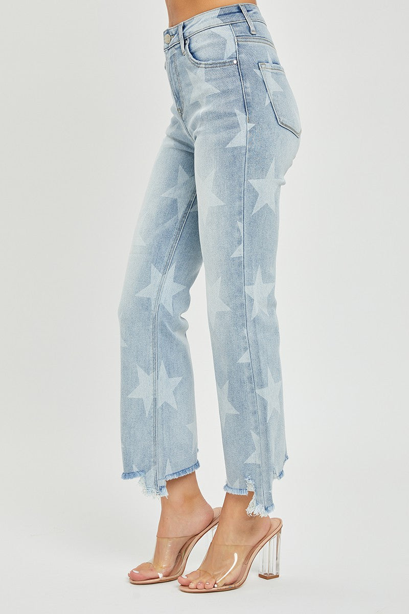 HIGH RISE STAR PRINTED STRAIGHT JEANS