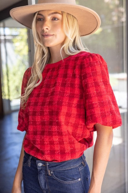 Back V-Neck Bubble Sleeve Plaid Top