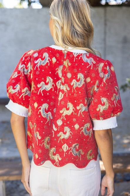 Scallop Embroidered Hem Horse Jacquard Top