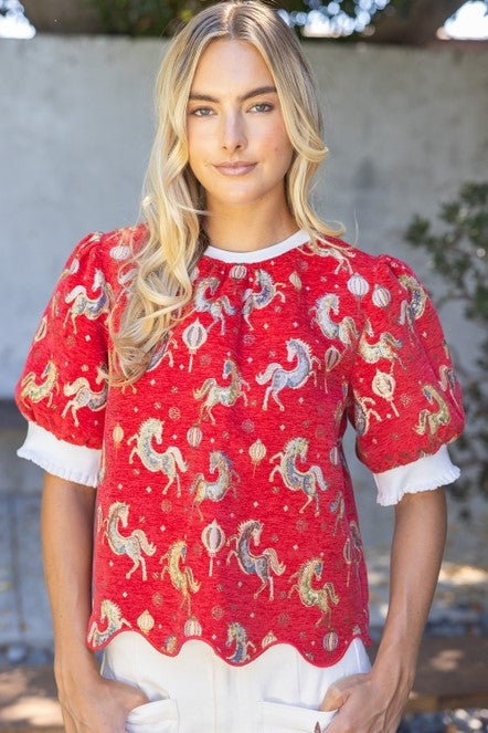 Scallop Embroidered Hem Horse Jacquard Top