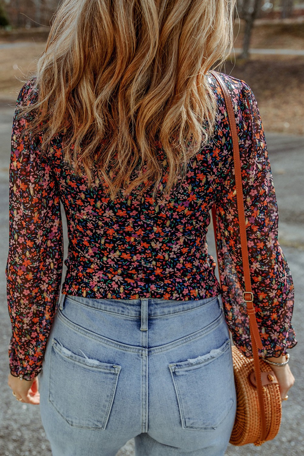 Black V Neck Bubble Sleeve Floral Blouse