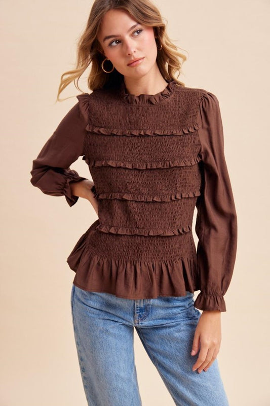 SMOCKED-BODICE RUFFLE TRIMMED BLOUSE