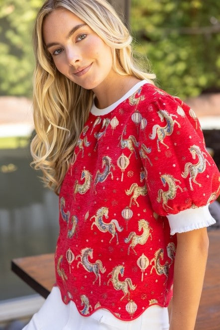 Scallop Embroidered Hem Horse Jacquard Top