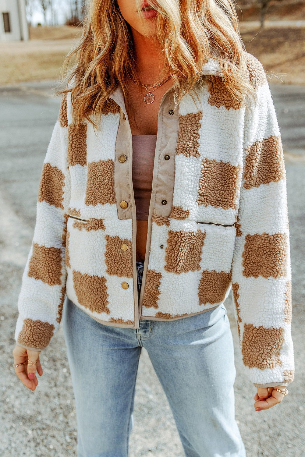 Brown Checked Snap Button Sherpa Jacket