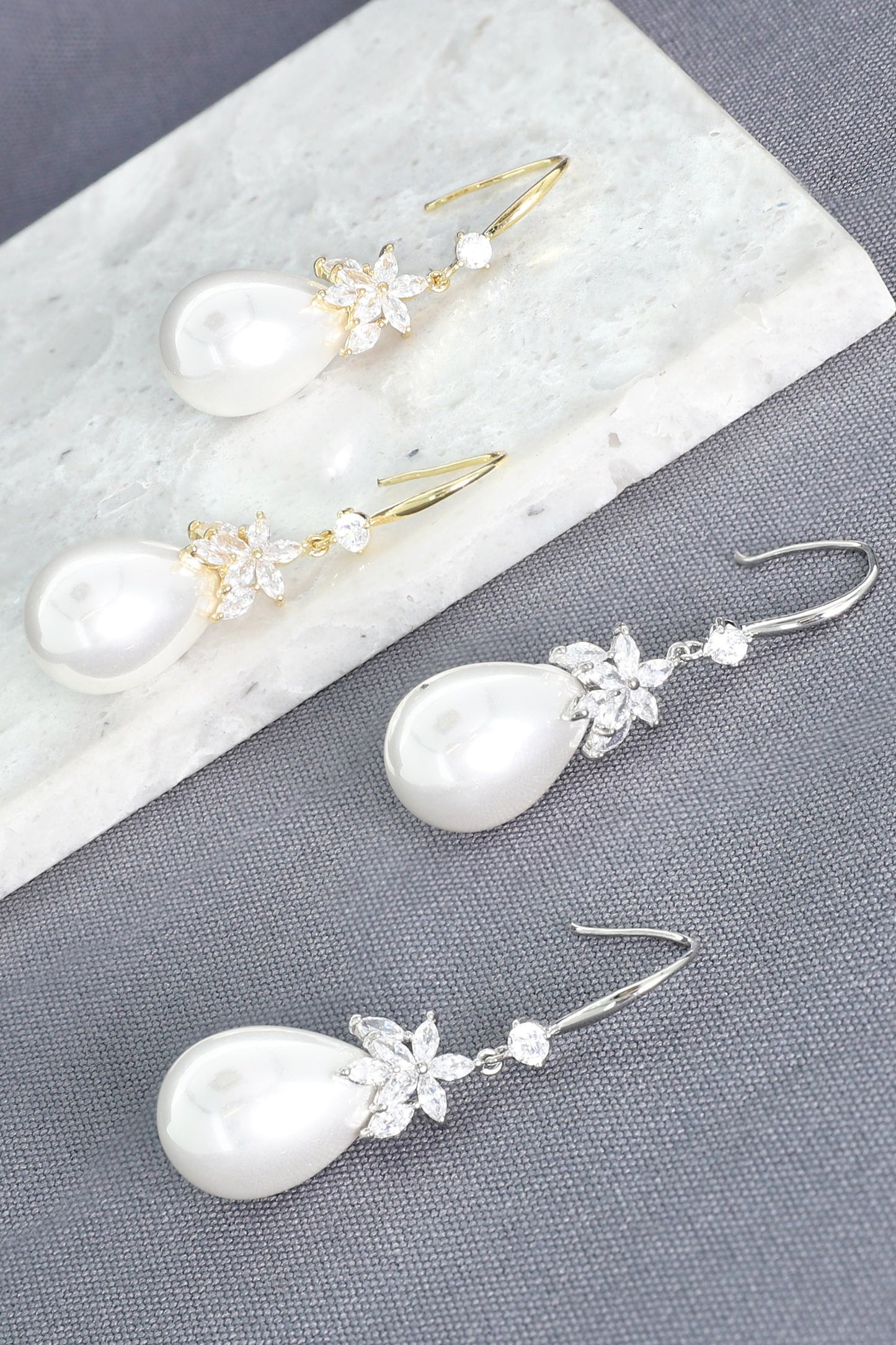 GOLD PLATED CZ FLORAL PEARL FISH HOOK EARRINGS