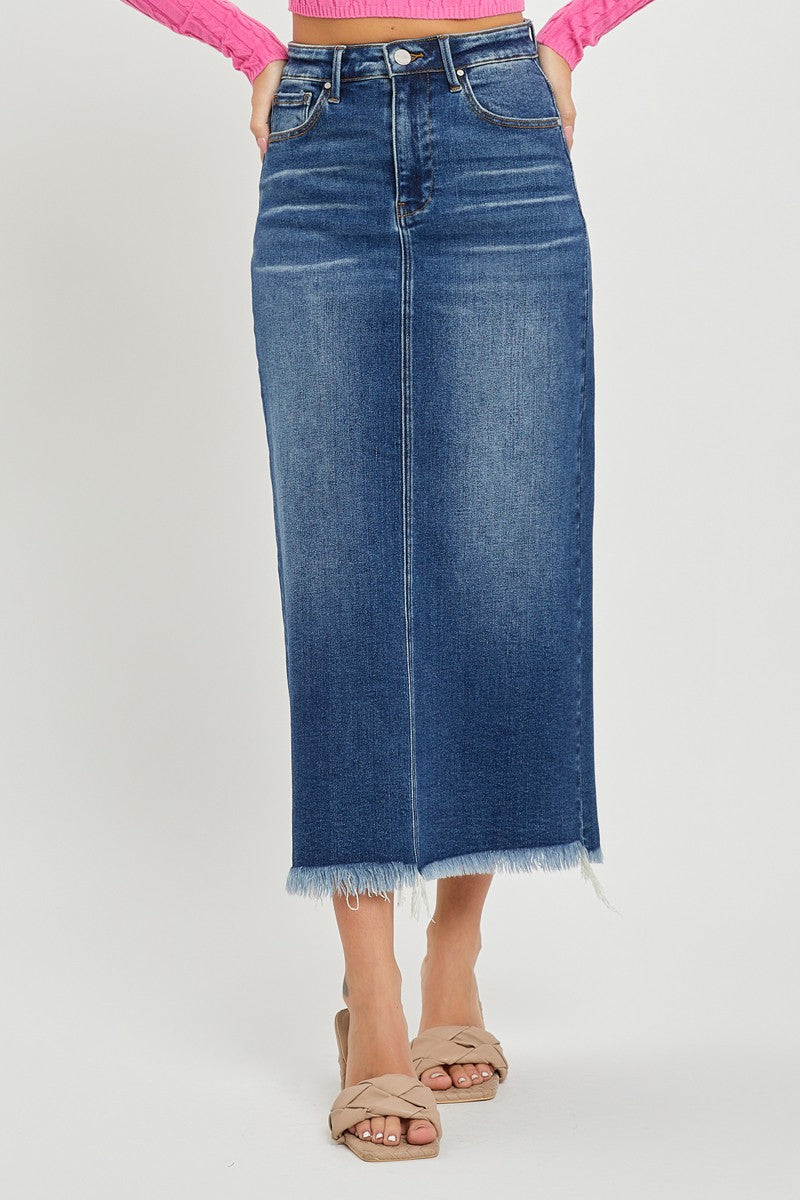 HIGH RISE FRAYED LONG PENCIL SKIRT