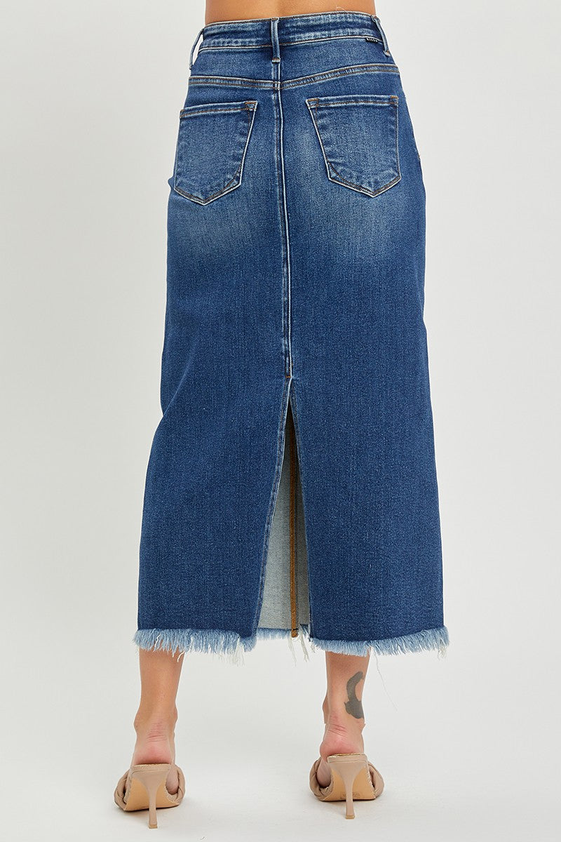 HIGH RISE FRAYED LONG PENCIL SKIRT