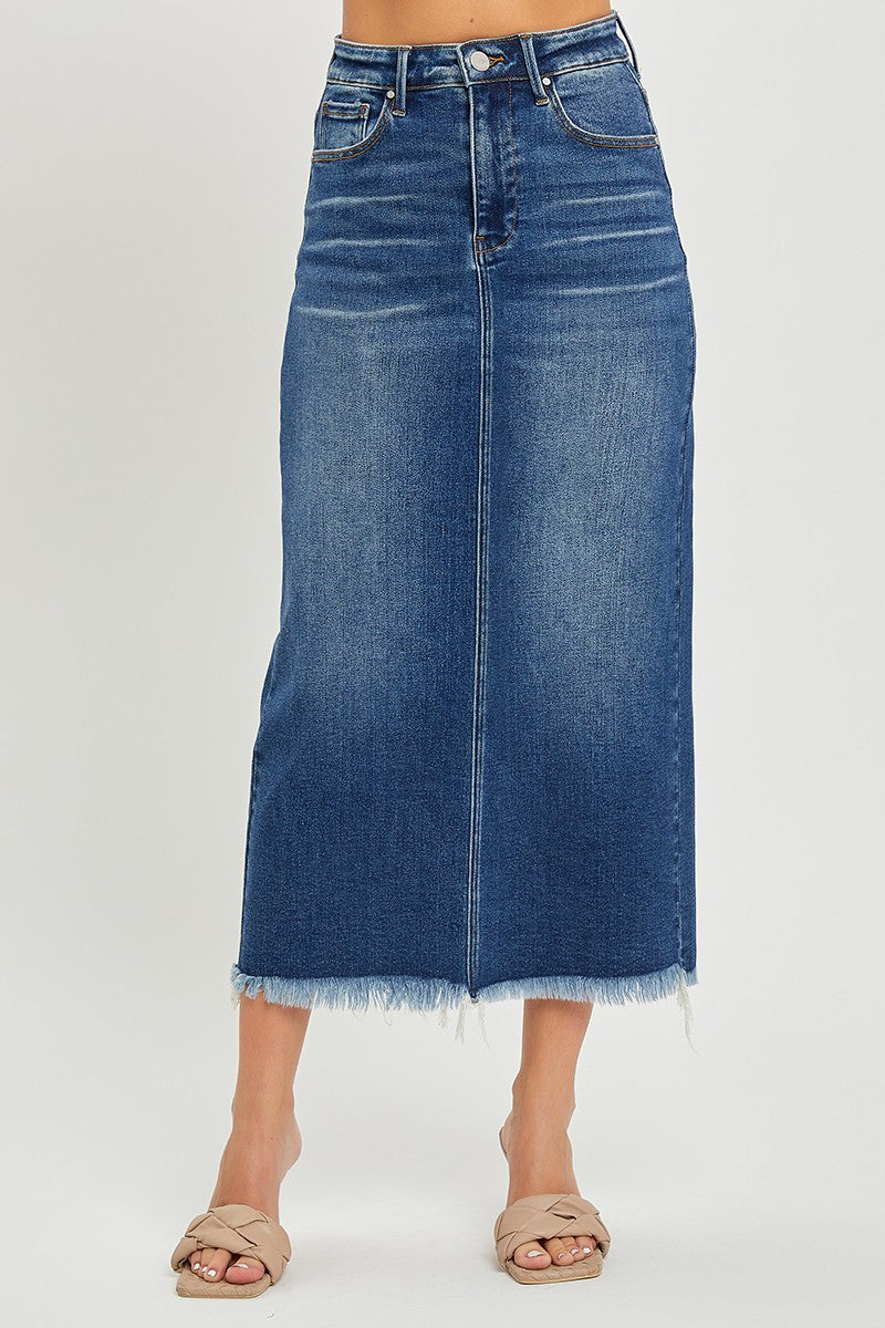 HIGH RISE FRAYED LONG PENCIL SKIRT