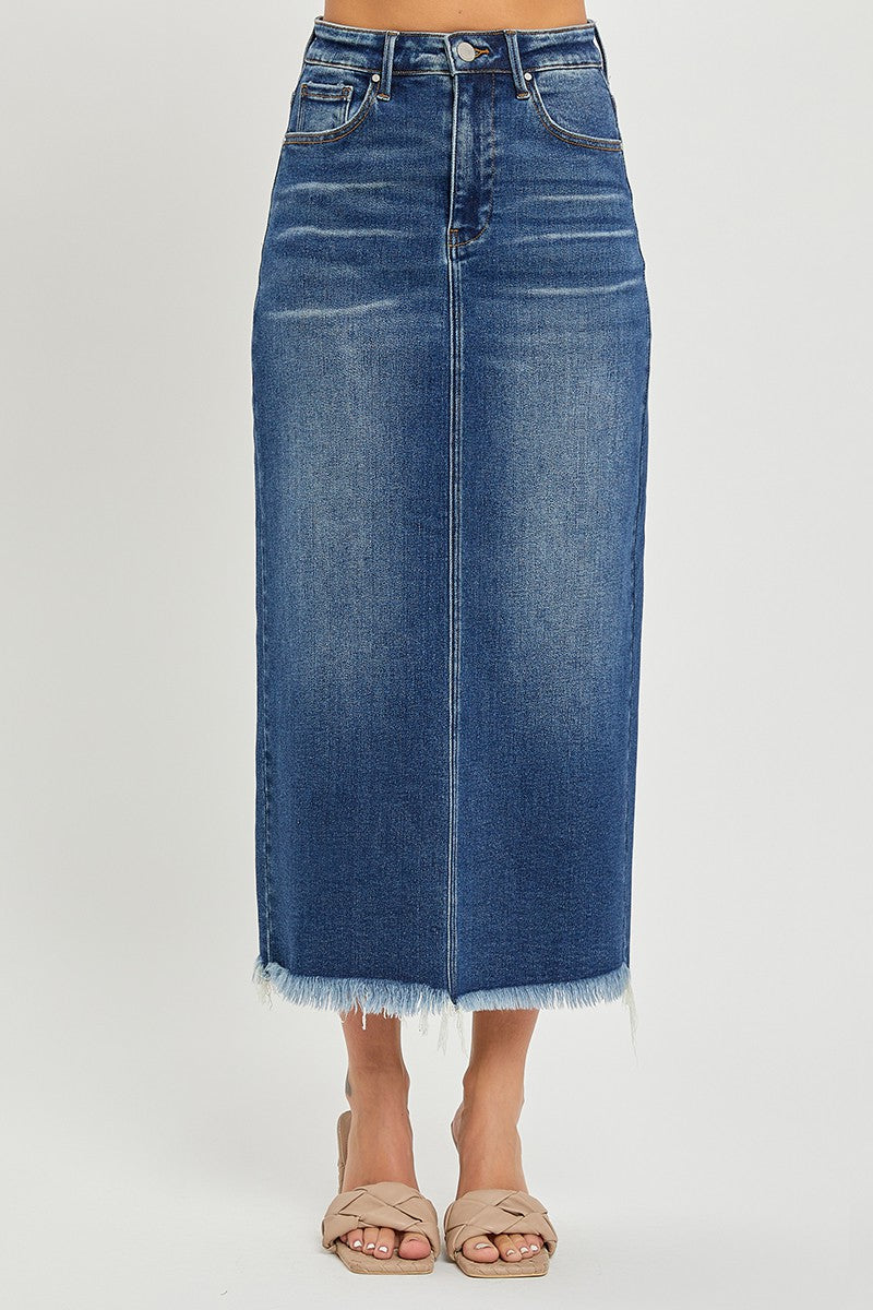 HIGH RISE FRAYED LONG PENCIL SKIRT