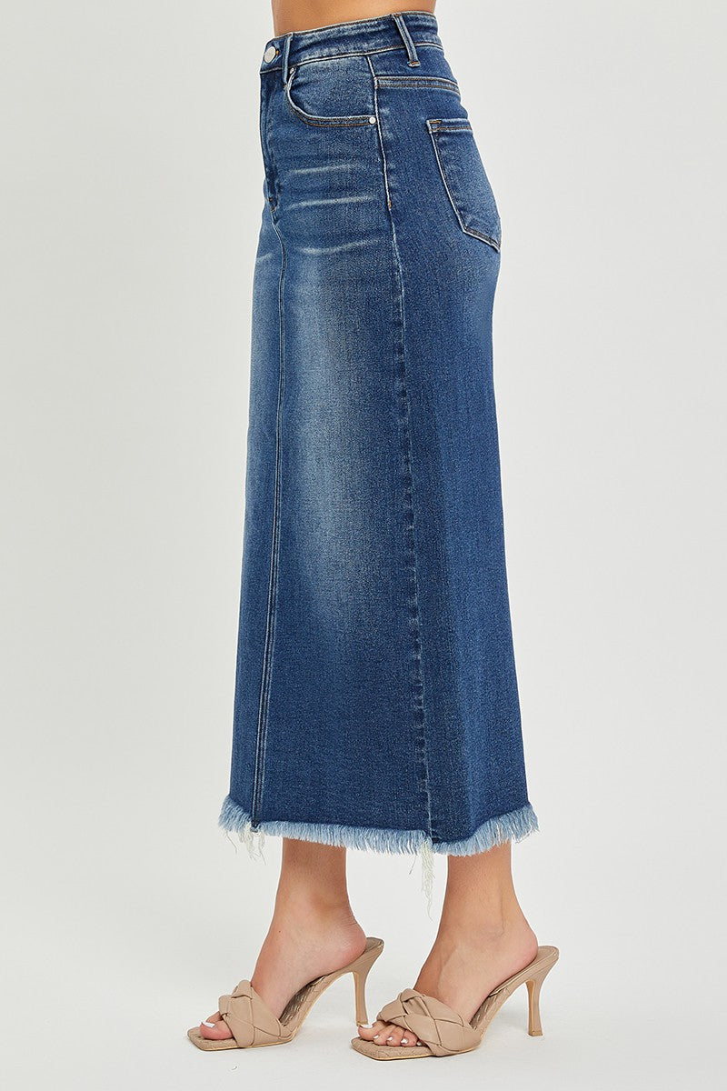 HIGH RISE FRAYED LONG PENCIL SKIRT