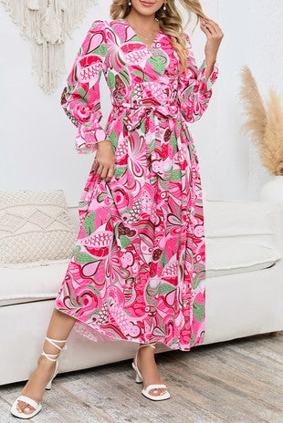 Rose Surplice V Neck Floral Maxi Dress