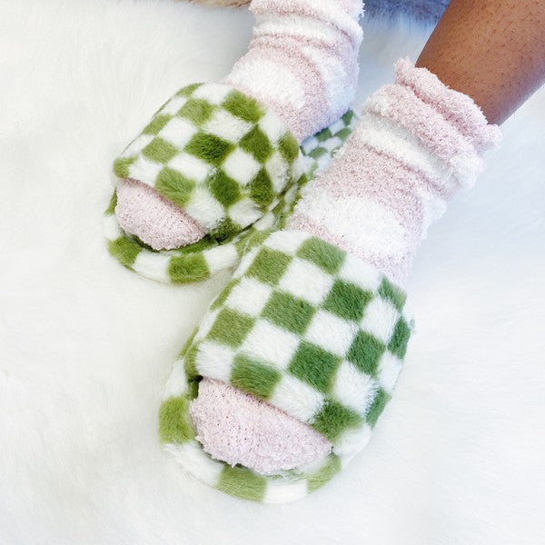 Luxe Lounge Checker Cozy Slippers-Drop Ship