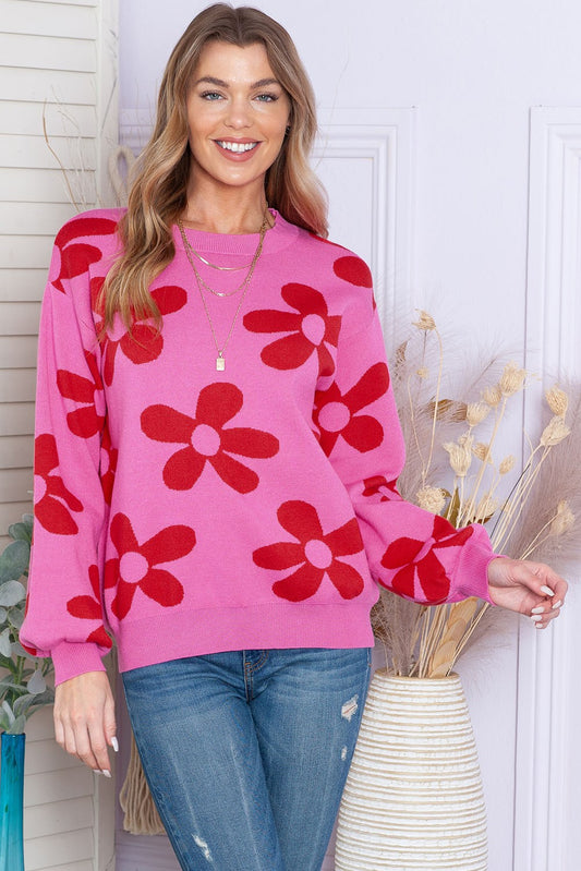 Rose Big Flower Knit Ribbed Trim Sweater